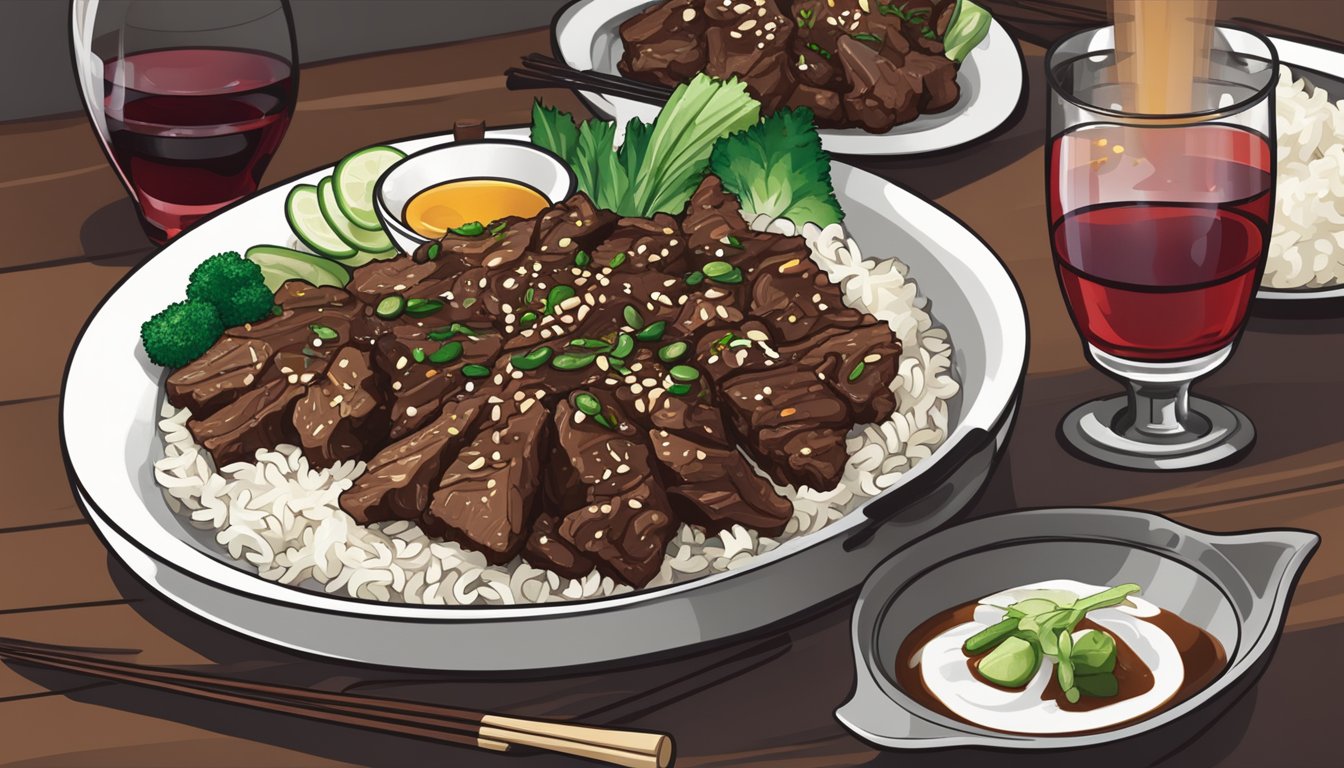 A sizzling plate of beef bulgogi served with a side of steamed rice, accompanied by a bottle of red wine