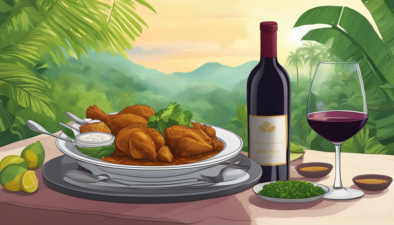 A table set with a steaming plate of chicken rendang, accompanied by a bottle of red wine and two glasses, against a backdrop of lush greenery