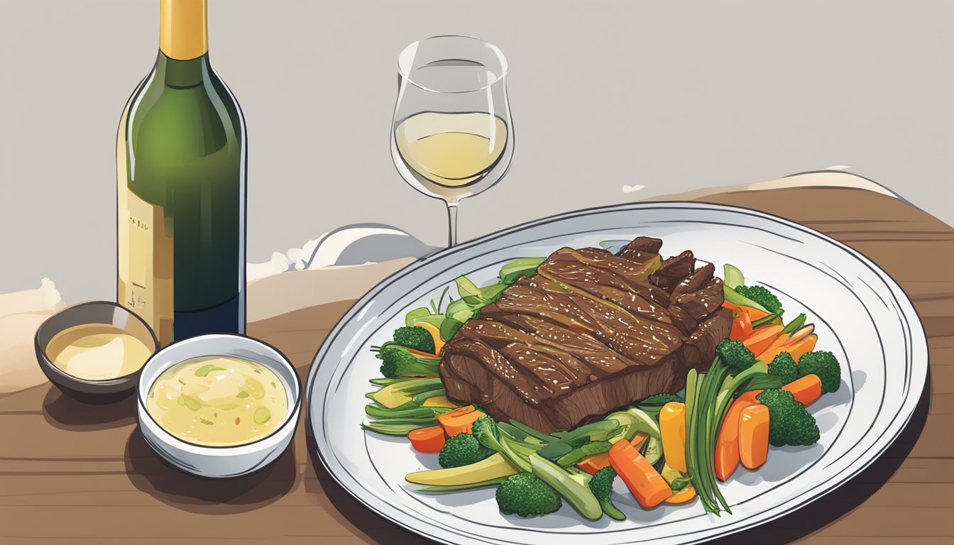 A bottle of white wine next to a plate of beef bulgogi with a side of mixed vegetables