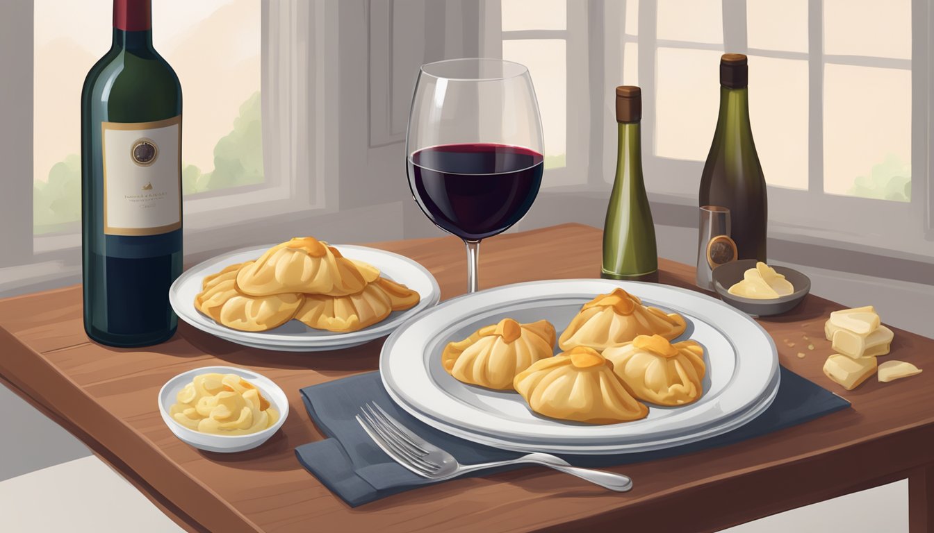 A table set with a plate of beef pierogies, a glass of red wine, and a bottle of wine with a cozy atmosphere