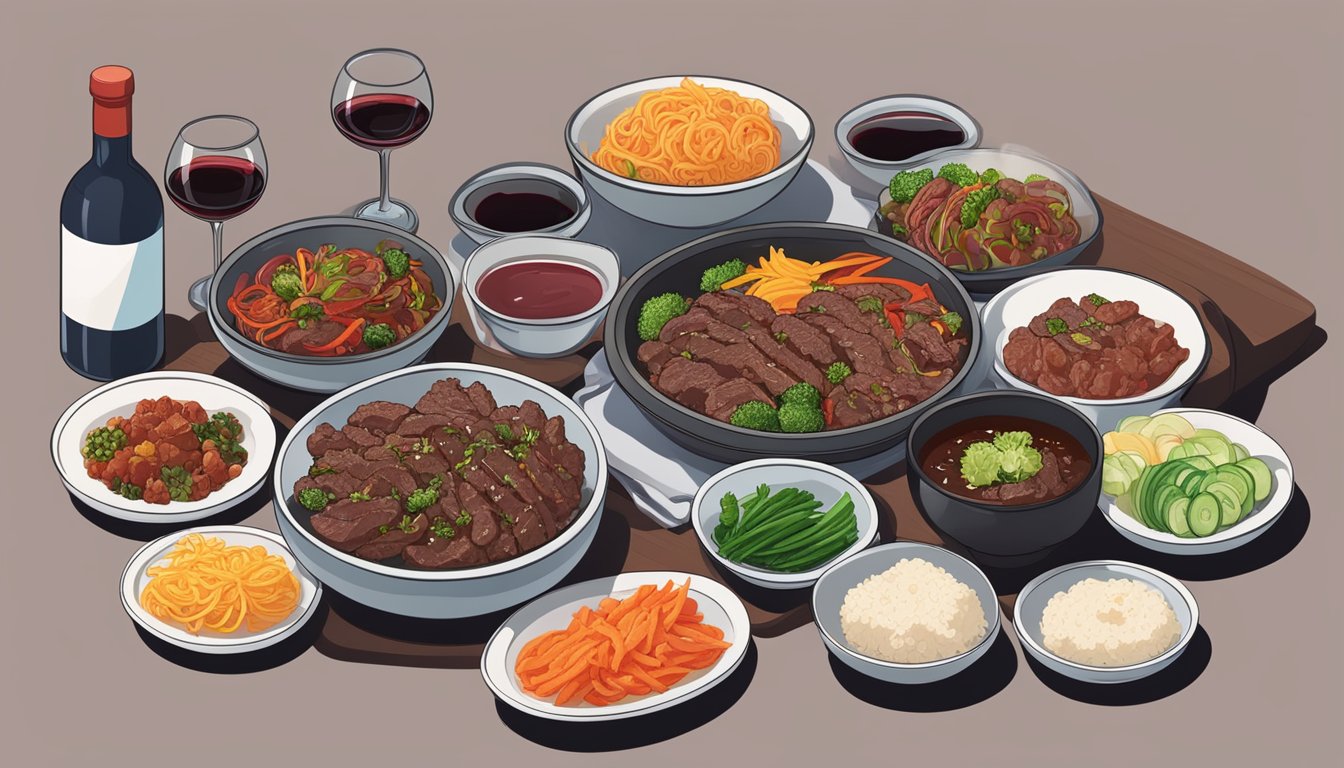 A table set with a steaming plate of beef bulgogi, surrounded by colorful Korean side dishes, and a bottle of red wine