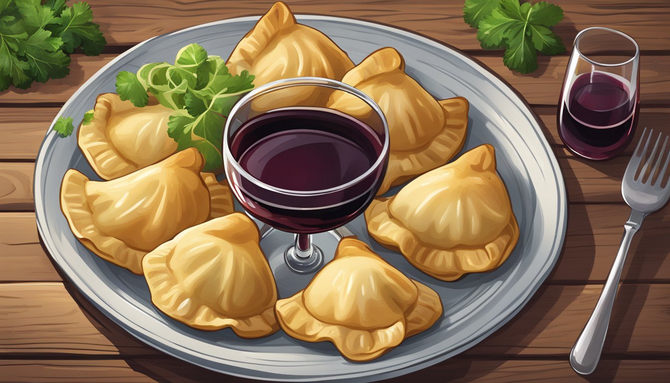 A plate of beef pierogies with a glass of red wine on a rustic wooden table