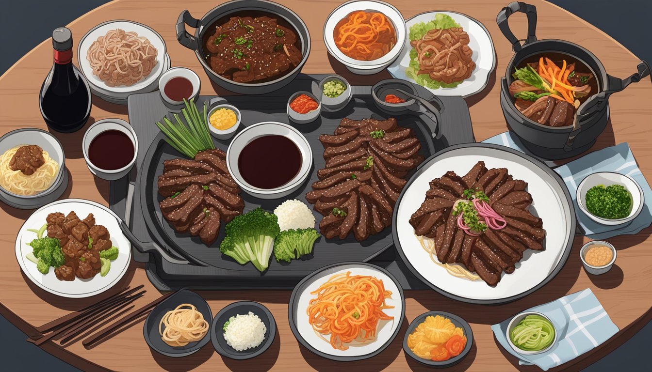 A sizzling plate of beef bulgogi surrounded by traditional Korean side dishes, with a bottle of red wine and a pair of wine glasses on the table