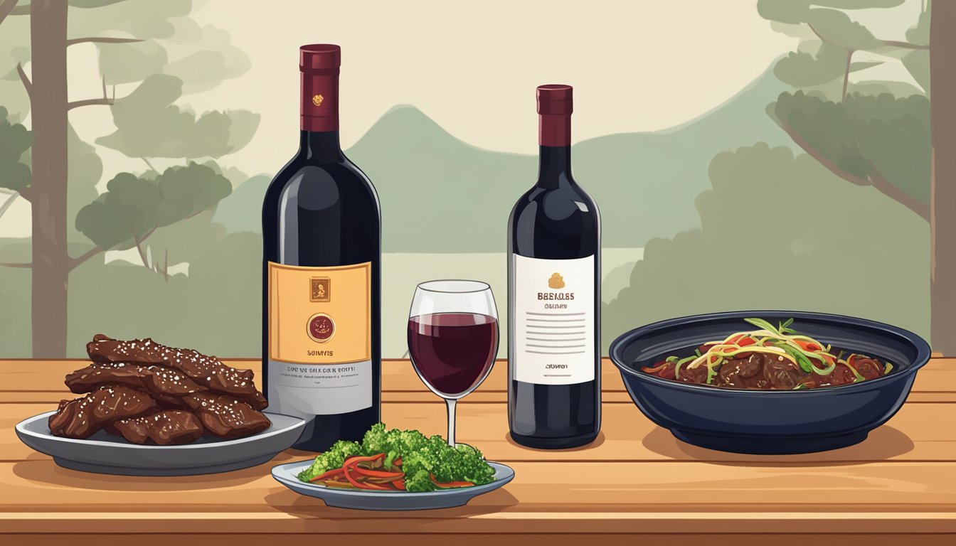 A bottle of red wine next to a sizzling bulgogi dish on a wooden table