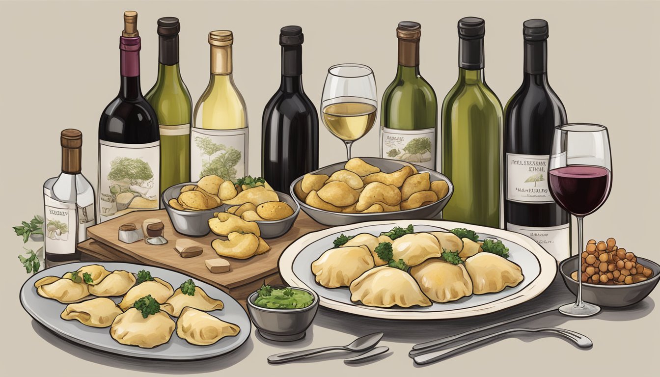 A table set with beef pierogies and various wine bottles labeled by region