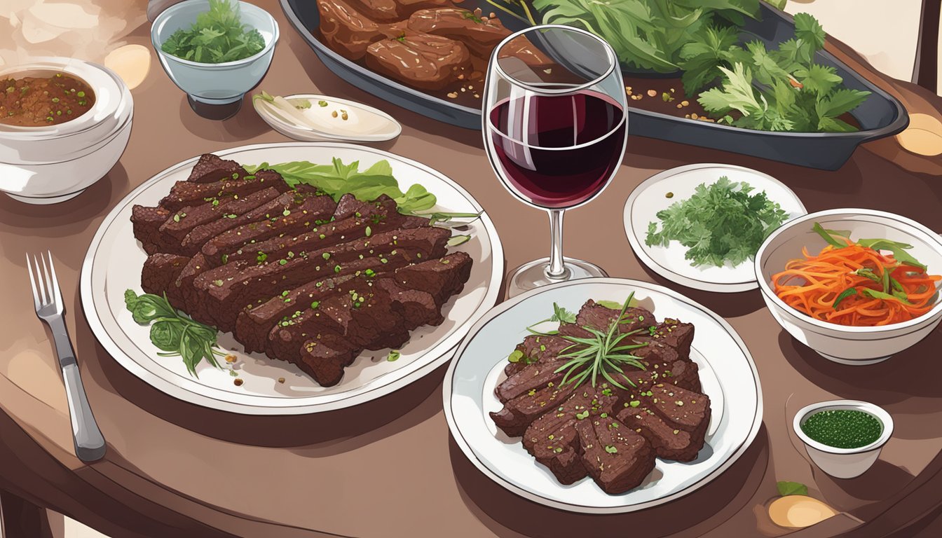 A glass of red wine sits next to a sizzling plate of beef bulgogi, surrounded by vibrant herbs and spices