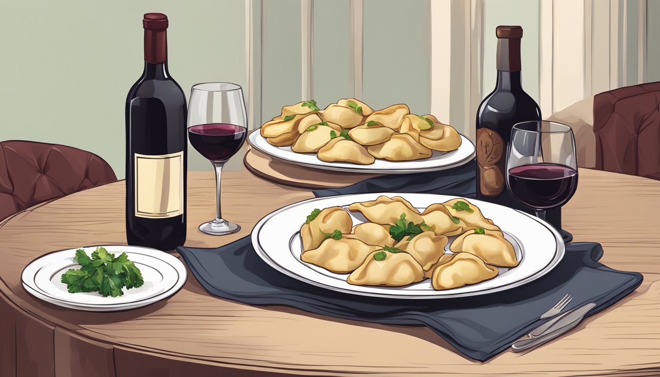 A table set with beef pierogies and a bottle of red wine