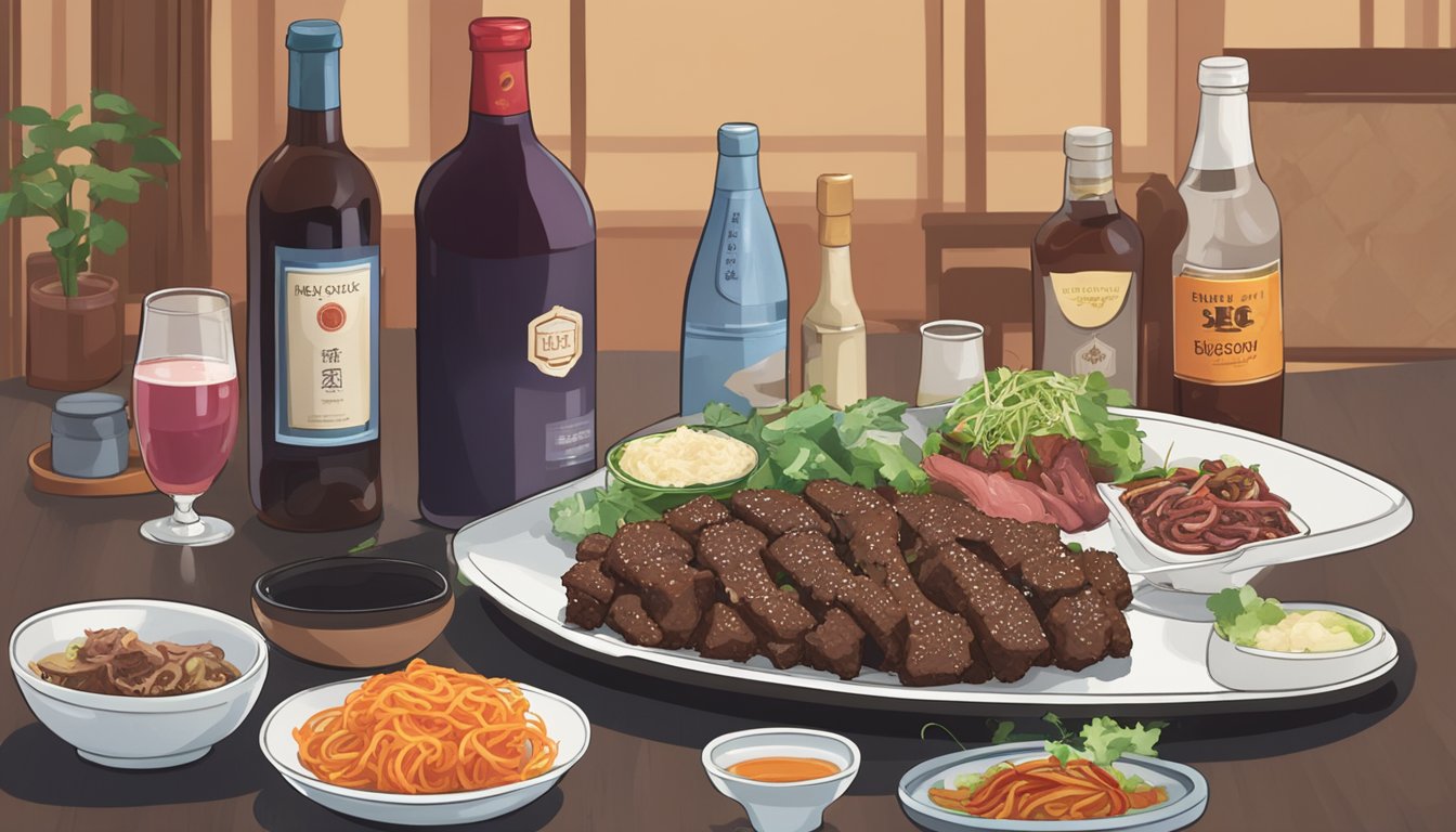 A bottle of red wine sits next to a sizzling plate of beef bulgogi, surrounded by various alternative beverage options