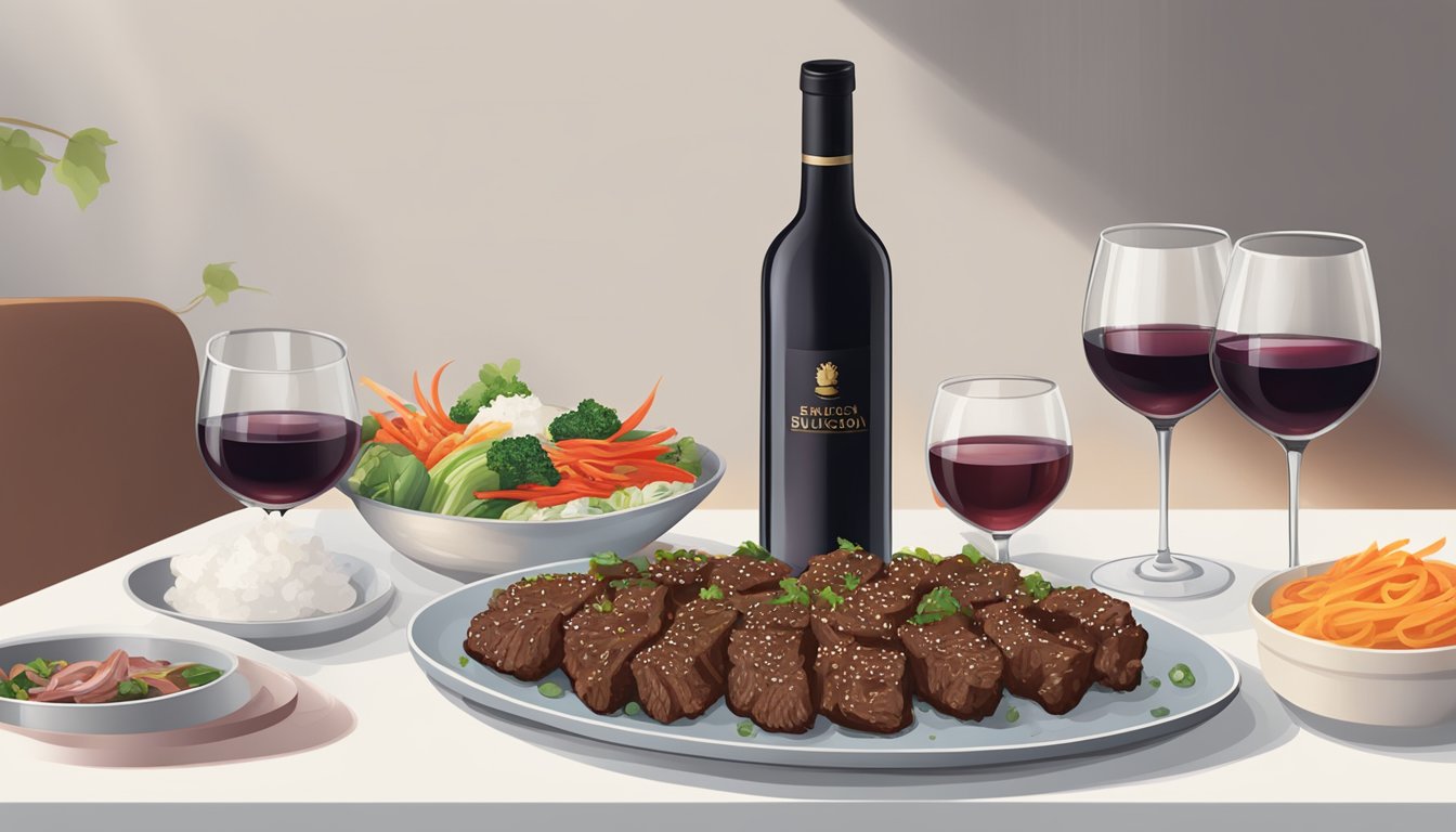 A table set with a sizzling platter of beef bulgogi, surrounded by glasses of red wine and a bottle of Cabernet Sauvignon