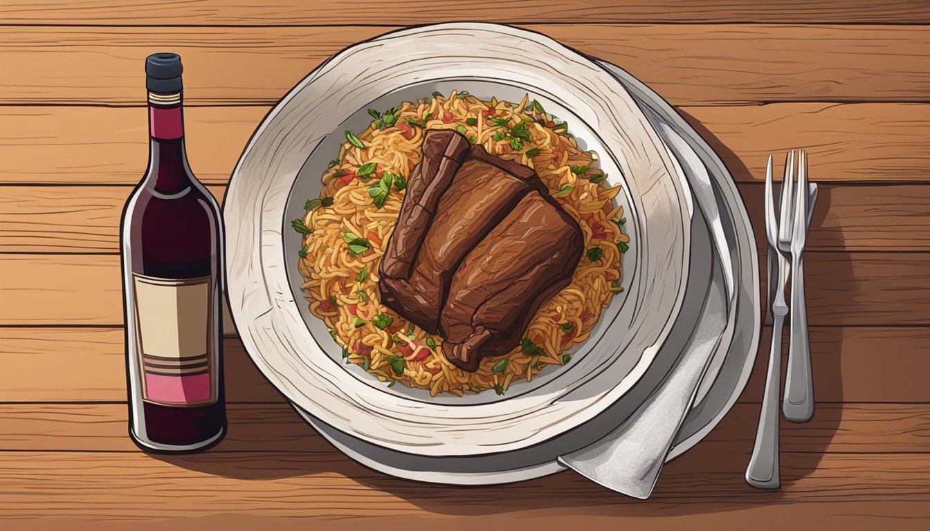 A bottle of red wine next to a steaming plate of beef biryani on a rustic wooden table