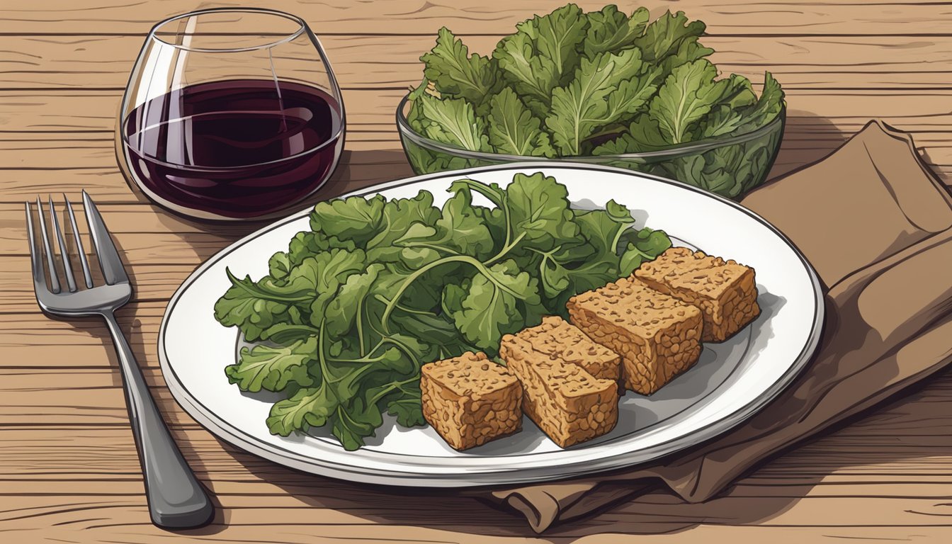 A plate of tempeh with a side of mixed greens, accompanied by a glass of red wine, set on a rustic wooden table