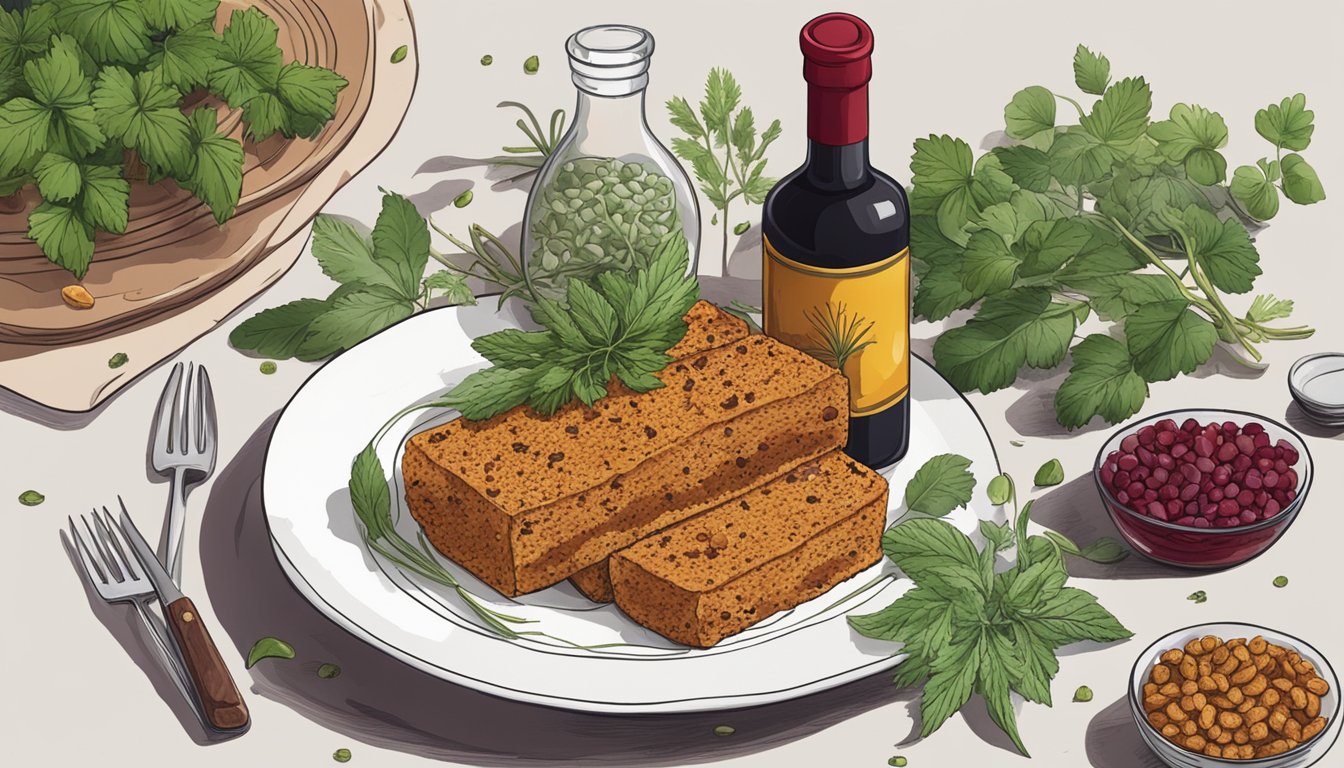 A bottle of red wine next to a plate of tempeh with various herbs and spices scattered around