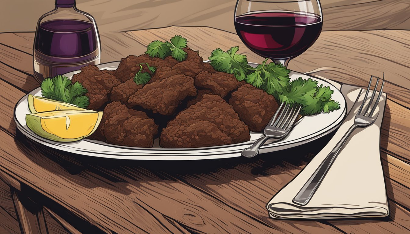 A plate of Beef Rendang with a glass of red wine on a rustic wooden table