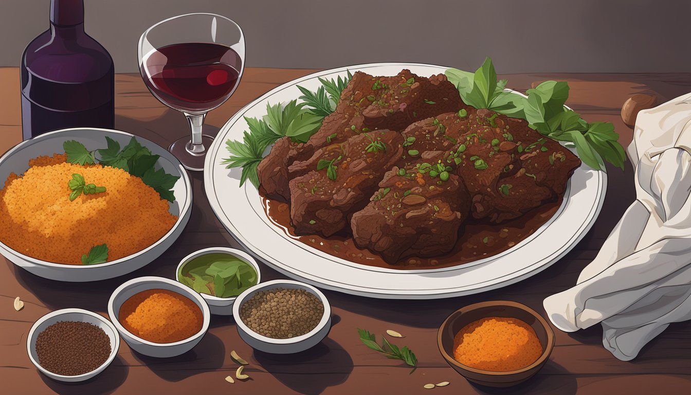 A steaming plate of beef rendang sits next to a bottle of red wine, surrounded by aromatic spices and herbs