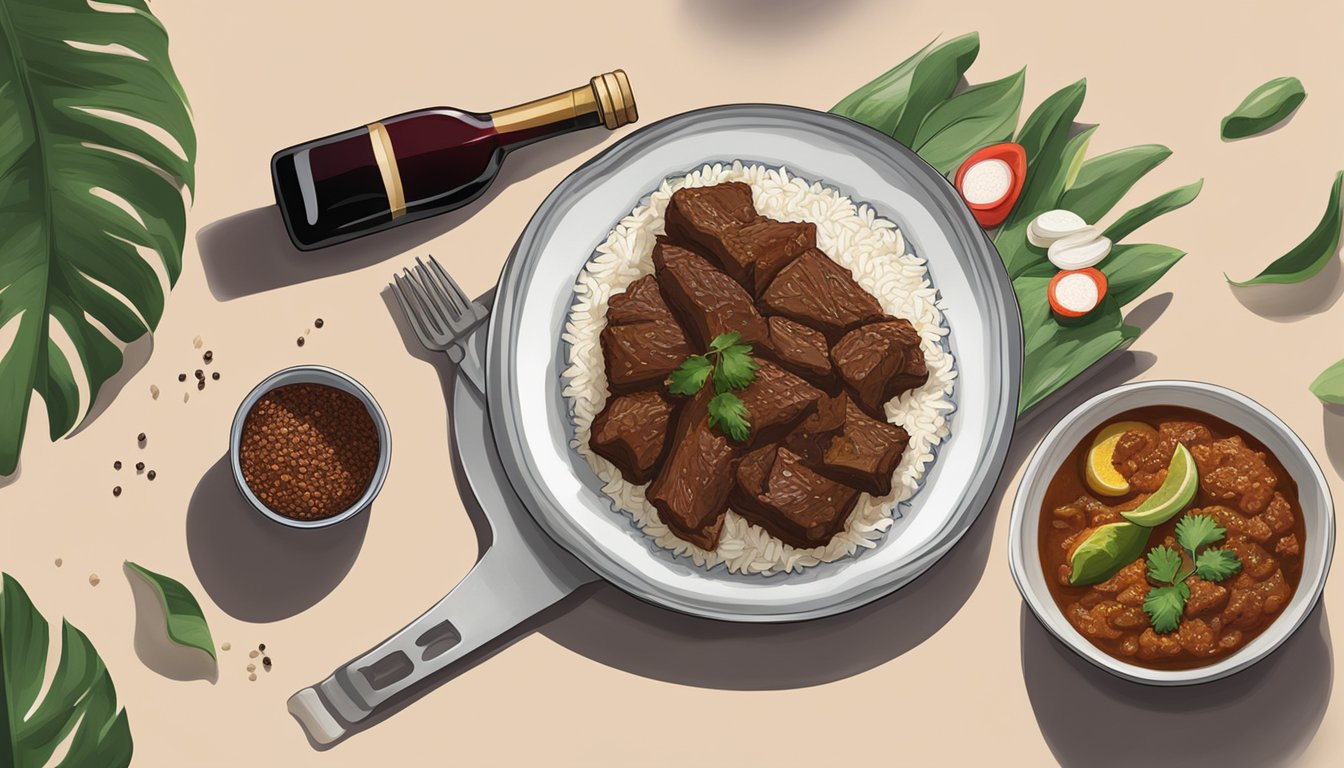 A bottle of red wine next to a steaming plate of beef rendang with a side of rice and traditional spices