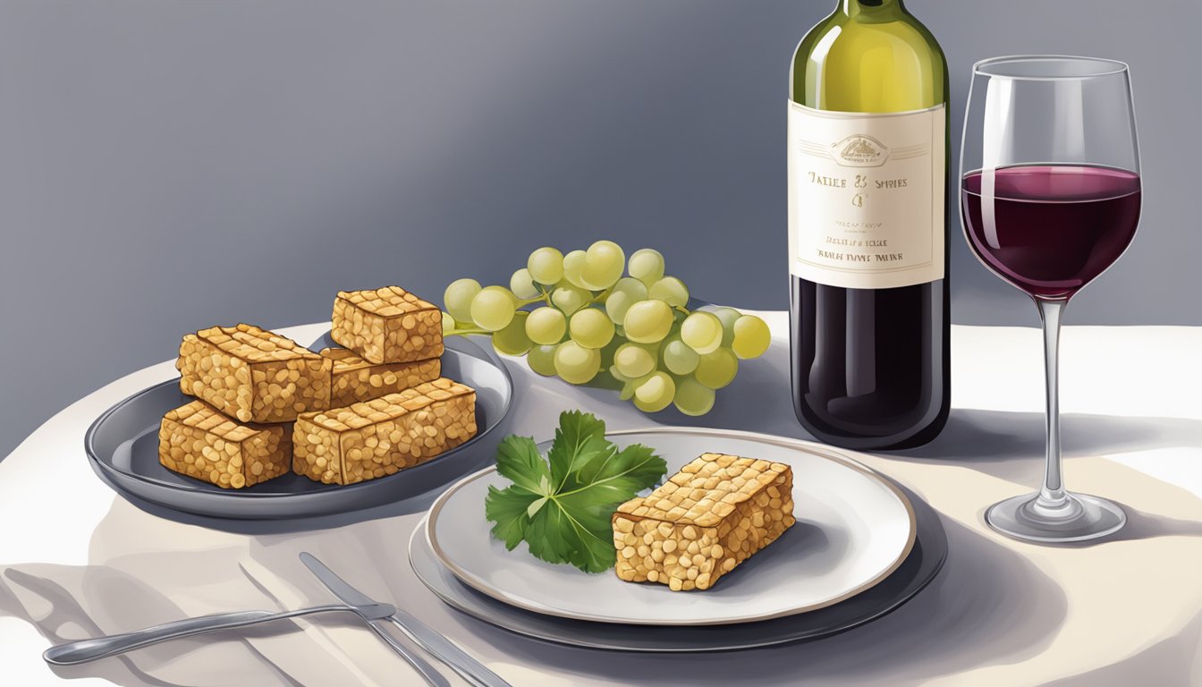 A table set with a plate of tempeh, a glass of red wine, and a bottle of white wine