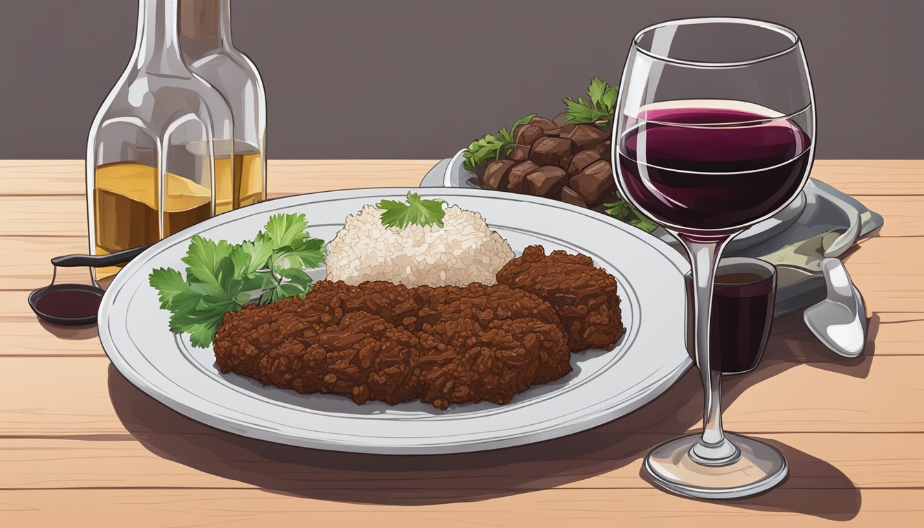 A bottle of red wine next to a plate of beef rendang on a table