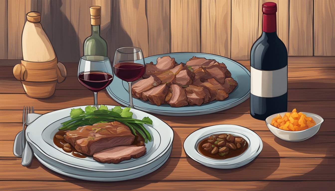 A steaming plate of pork adobo sits next to a bottle of red wine on a rustic wooden table