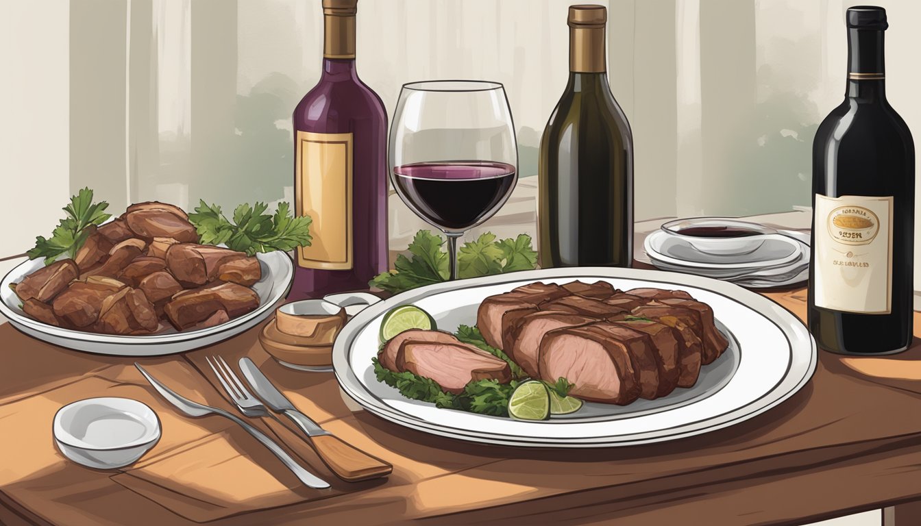 A table set with a steaming plate of pork adobo alongside a bottle of red wine and a glass