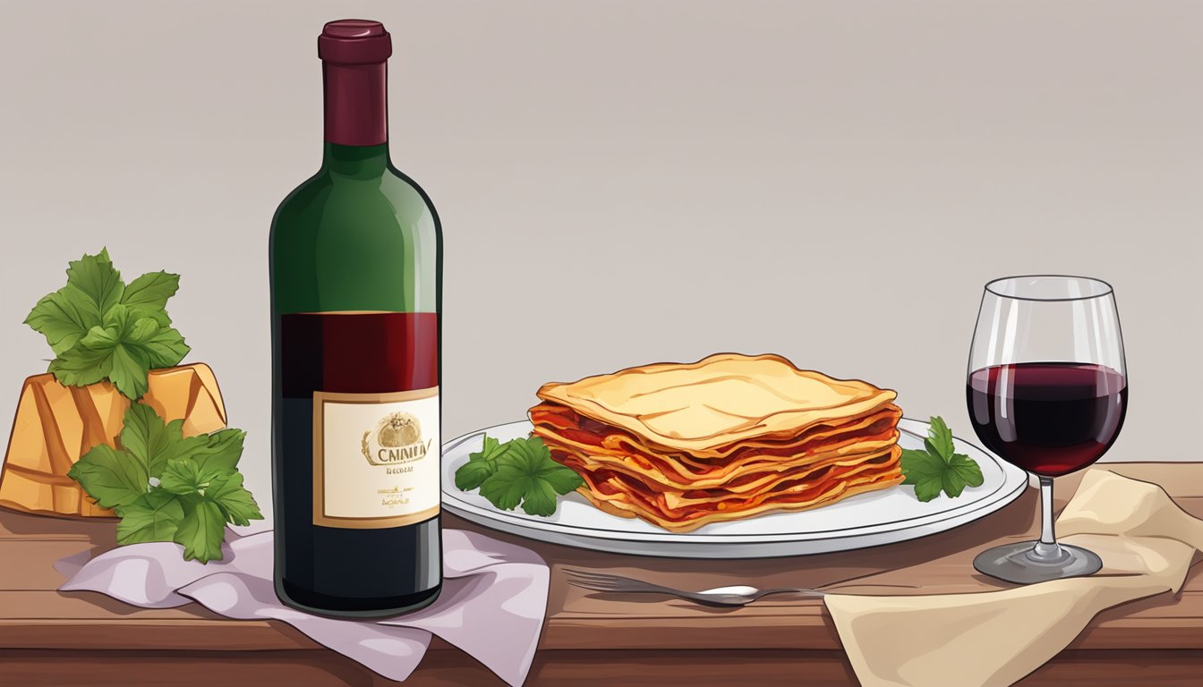 A table set with a steaming beef lasagna, a glass of red wine, and a bottle of Chianti