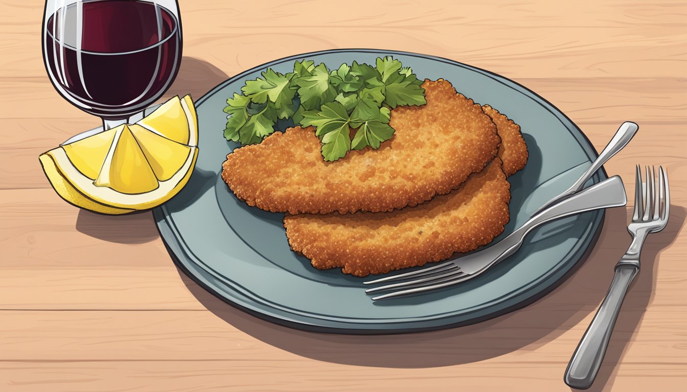 A plate of golden-brown pork schnitzel topped with lemon slices, served alongside a glass of red wine