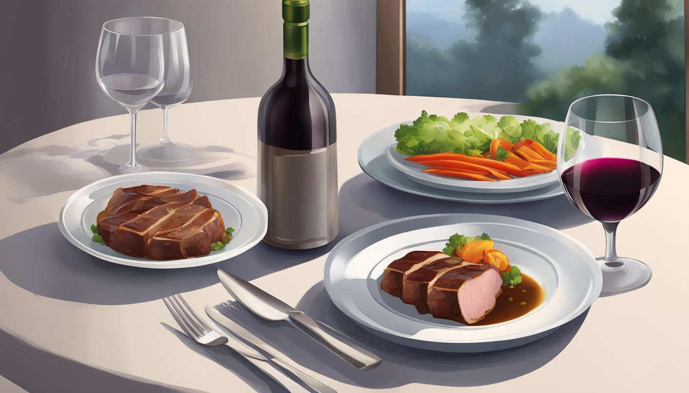 A table set with a steaming plate of pork adobo and a glass of red wine