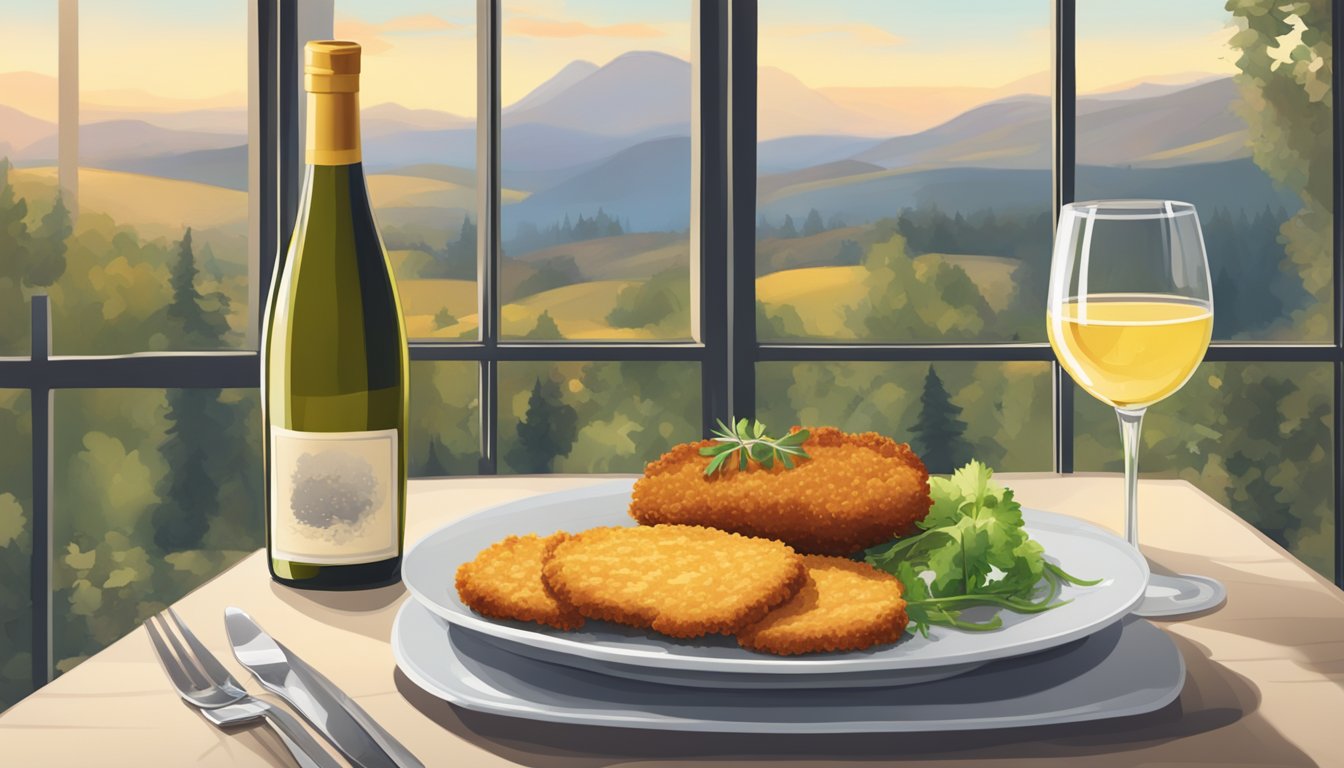 A table set with a crispy pork schnitzel, accompanied by a glass of chilled white wine, with a cozy ambiance in the background