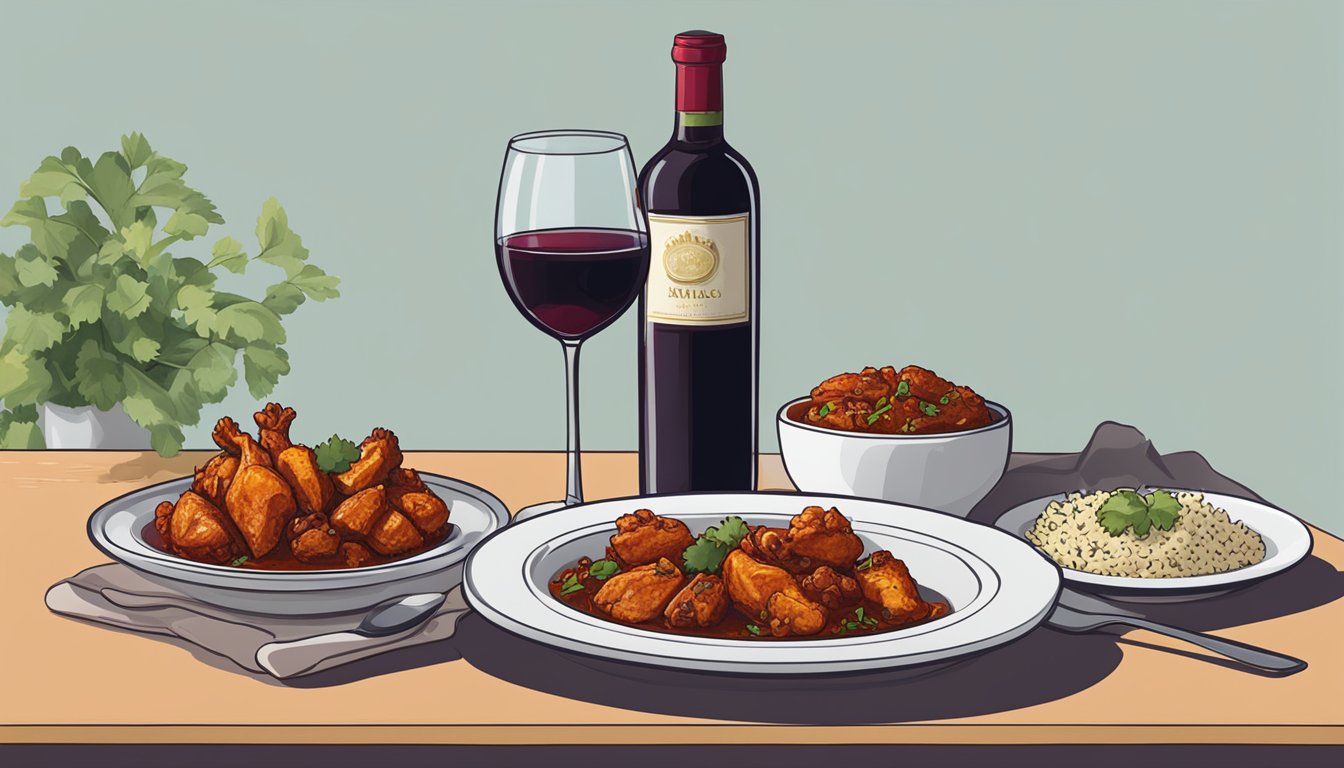 A bottle of red wine next to a plate of spicy chicken vindaloo, with a glass partially filled