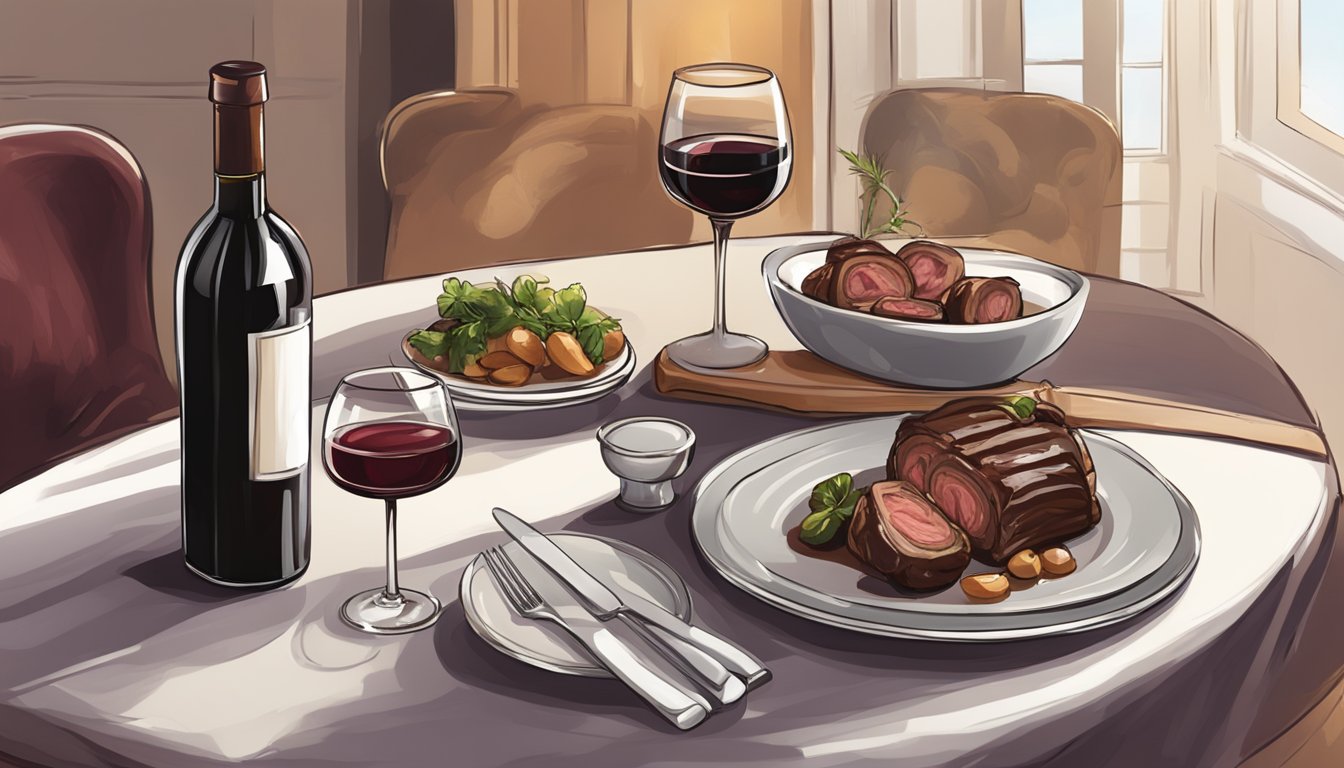 A table set with a plate of beef rouladen, accompanied by a bottle of red wine and a glass, with a cozy atmosphere in the background