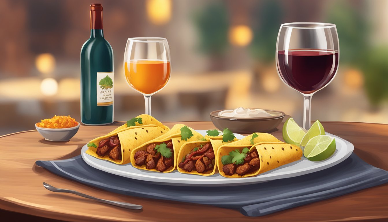 A table set with a plate of beef tacos al pastor and a glass of red wine, with a warm and inviting ambiance