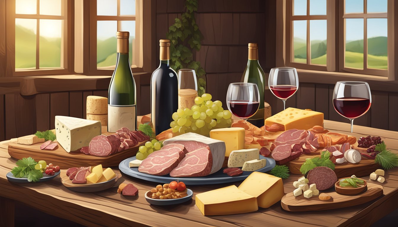 A rustic wooden table set with a variety of German meats and cheeses, alongside a selection of wine bottles and glasses