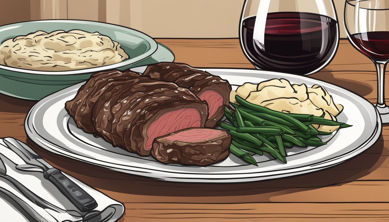 A table set with a plate of beef rouladen, accompanied by a glass of red wine and a side of mashed potatoes and green beans