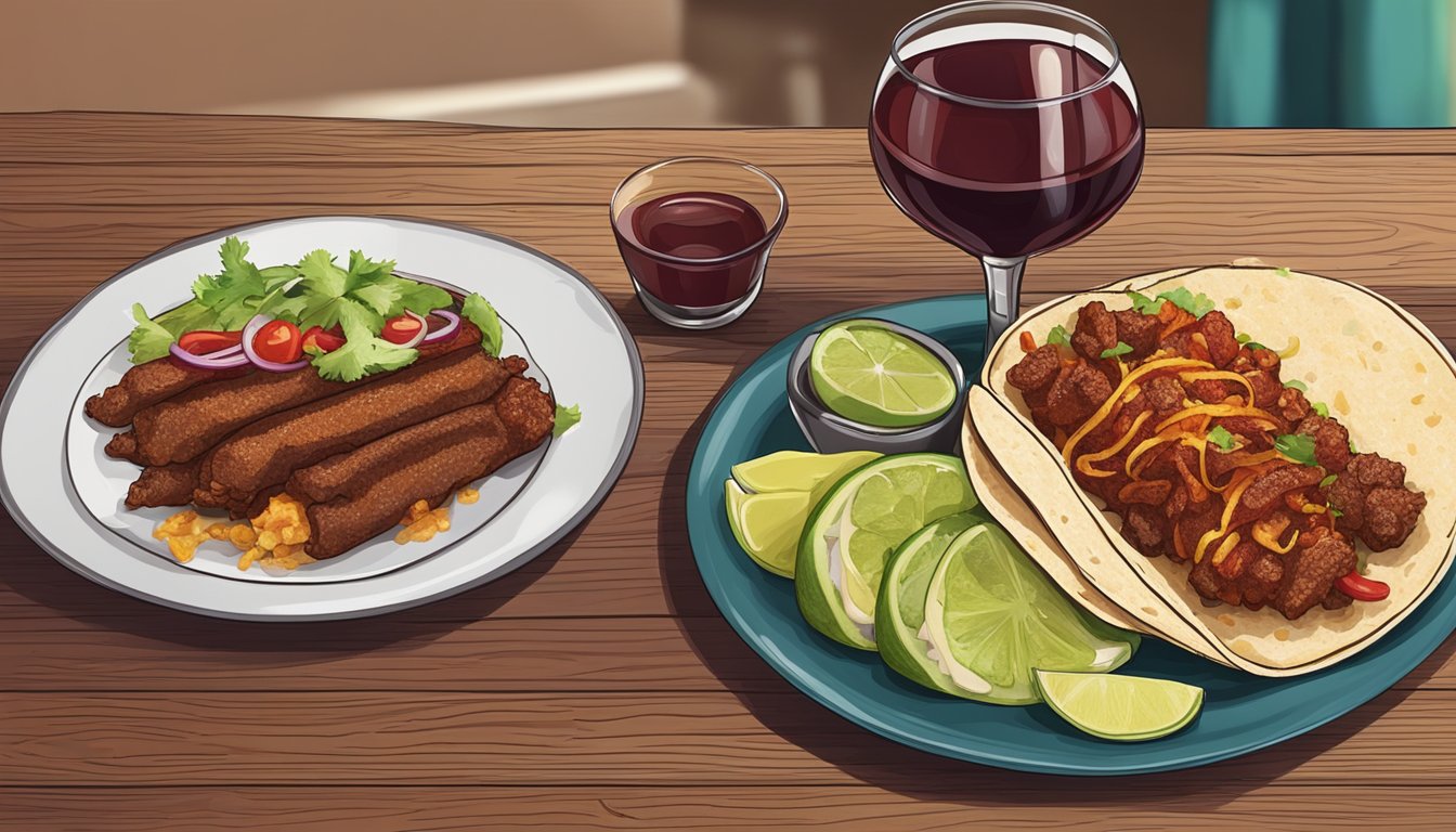 A bottle of red wine next to a plate of beef tacos al pastor on a wooden table