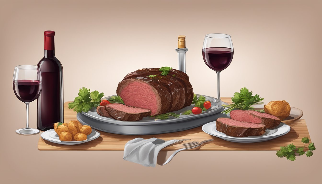 A table set with a steaming plate of beef rouladen, surrounded by a bottle of red wine and glasses