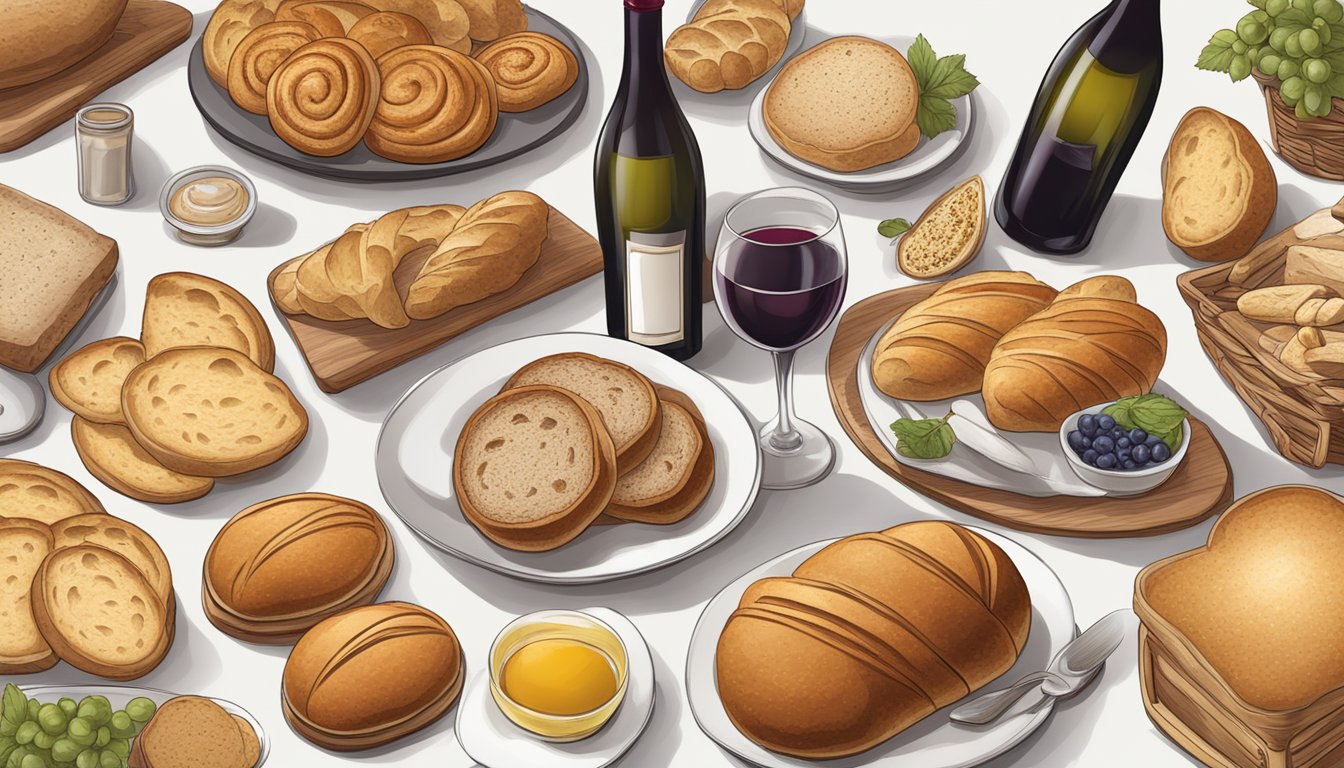 A table set with a variety of German breads, spreads, and wine bottles