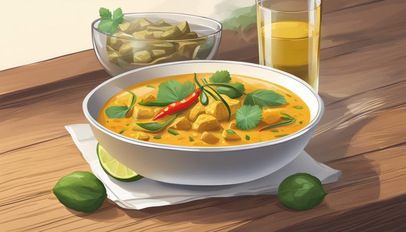 A glass of white wine next to a steaming bowl of spicy Thai curry on a wooden table