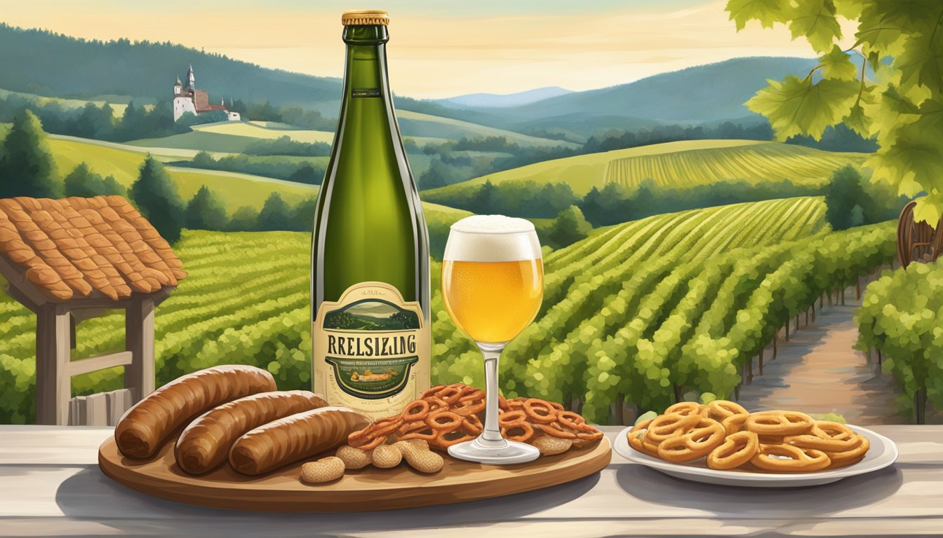 A bottle of Riesling sits next to a platter of sausages, sauerkraut, and pretzels, set against a backdrop of rolling vineyards and a traditional German beer garden