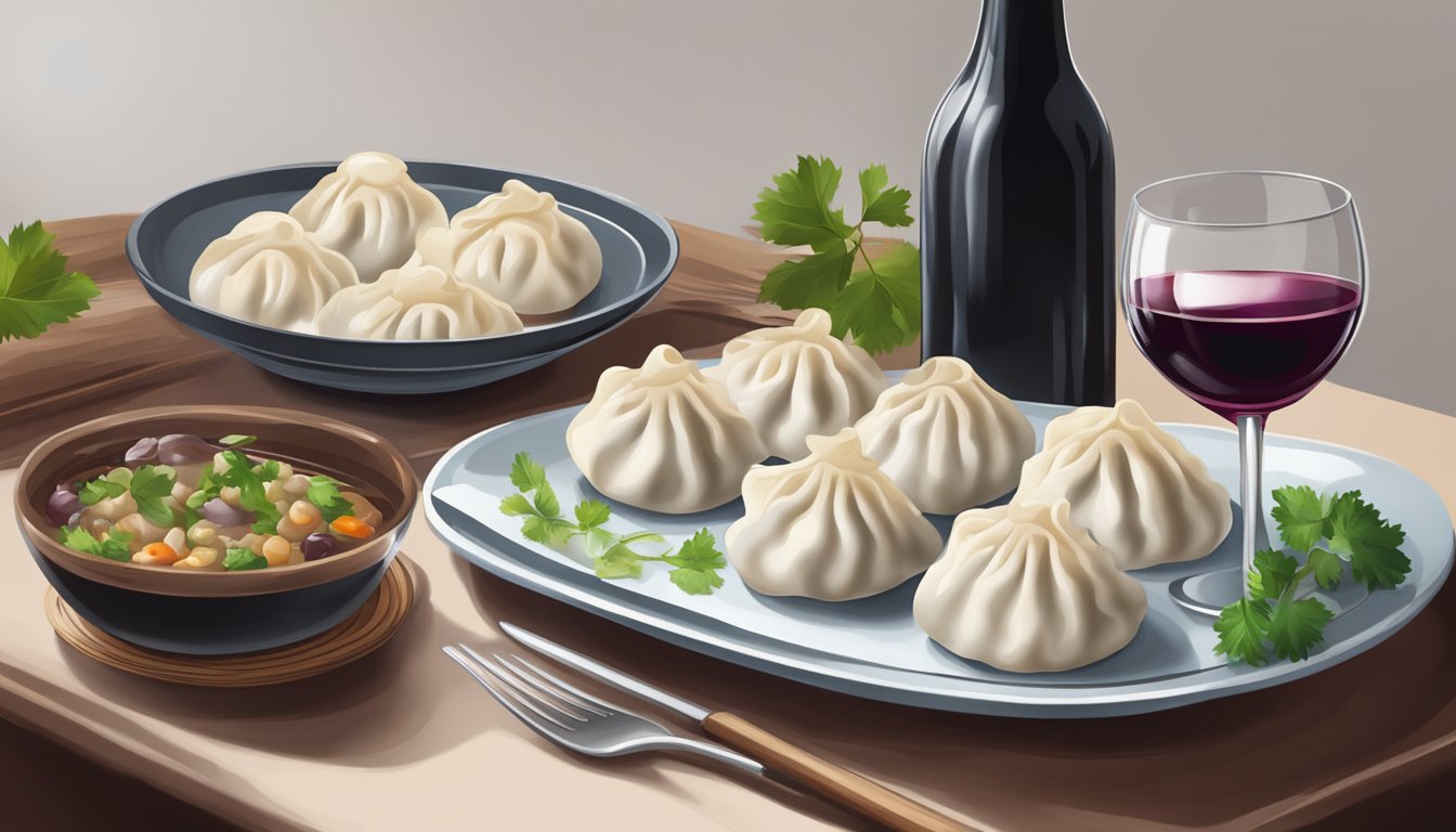 A table set with steaming pork dumplings, a bottle of red wine, and a wine glass