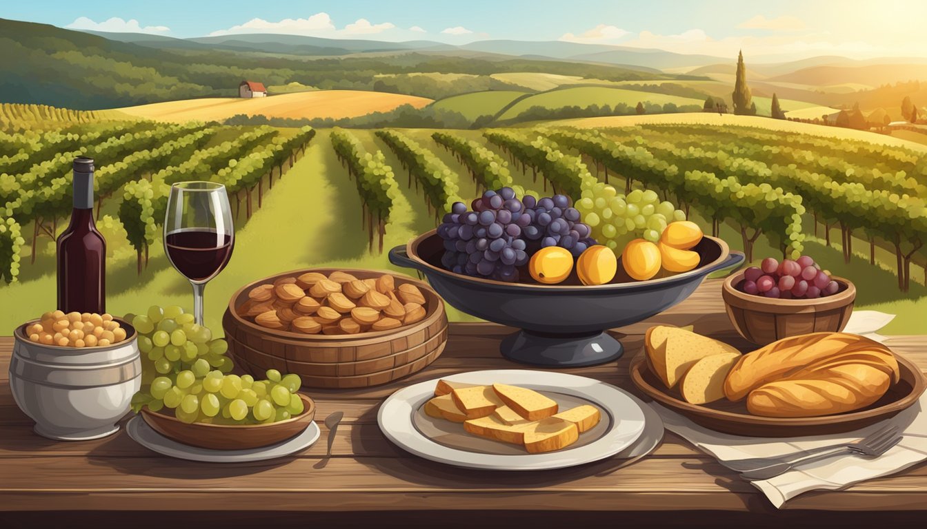 A rustic wooden table set with a spread of traditional German dishes, surrounded by vineyards with ripe grapes ready for harvest