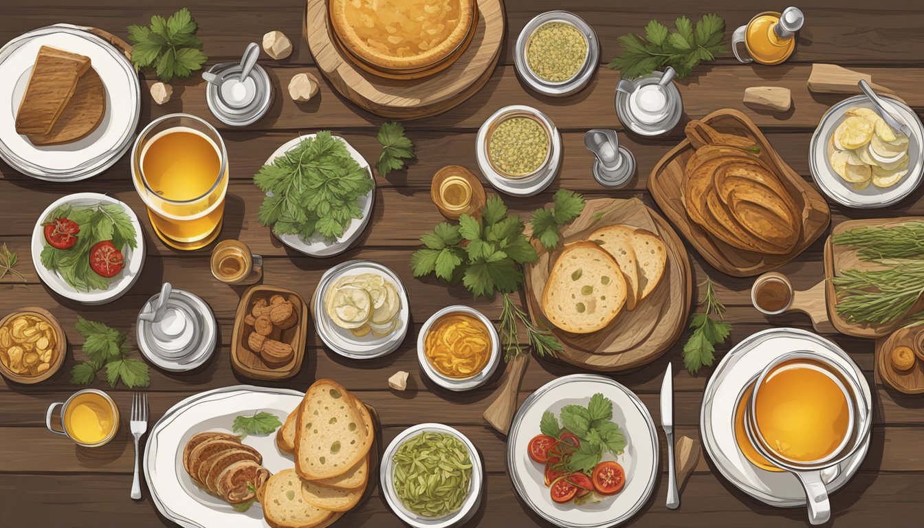 A rustic German table setting with a variety of traditional dishes and a selection of alternative beverage pairings, including beer, cider, and herbal-infused spirits