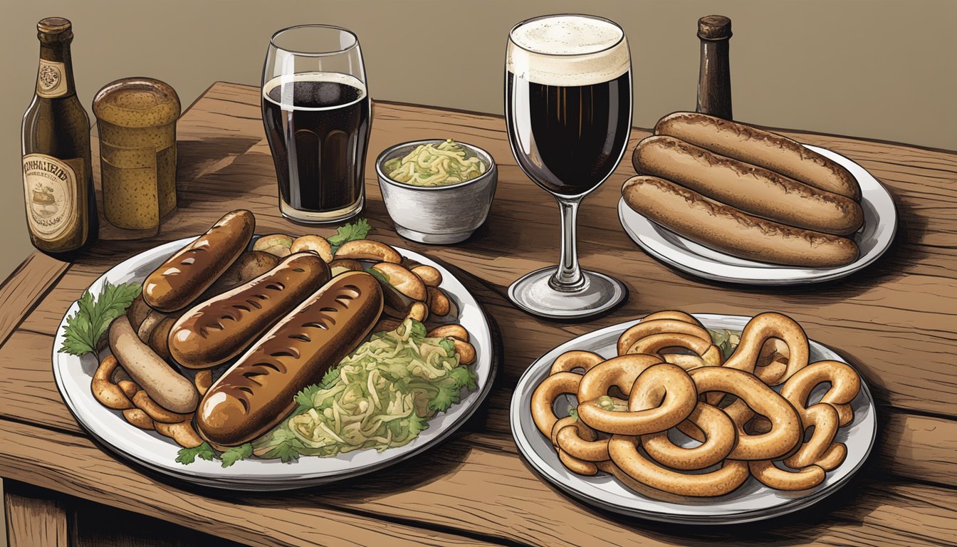 A rustic table set with a traditional German meal, including sausages, sauerkraut, and pretzels, accompanied by a bottle of Riesling and a glass of dark beer