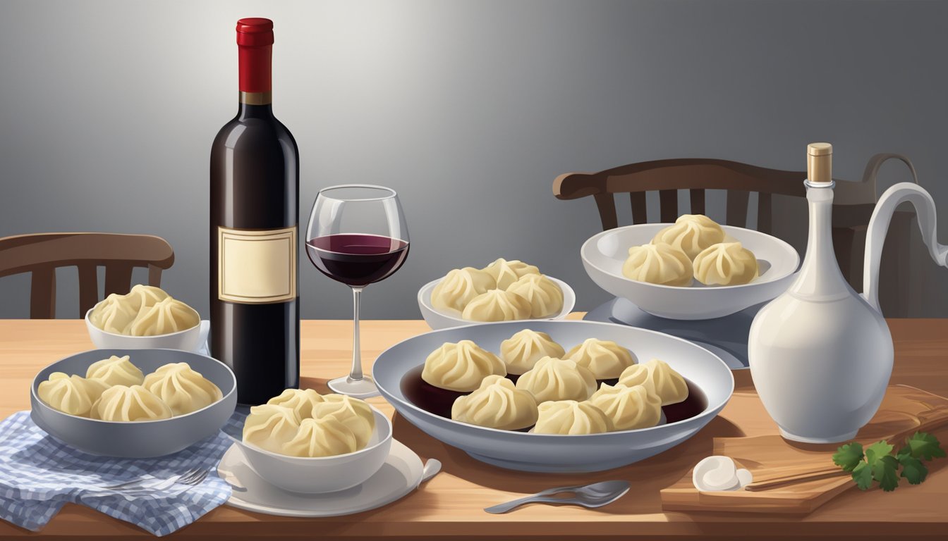 A table set with steaming pork dumplings and a bottle of red wine