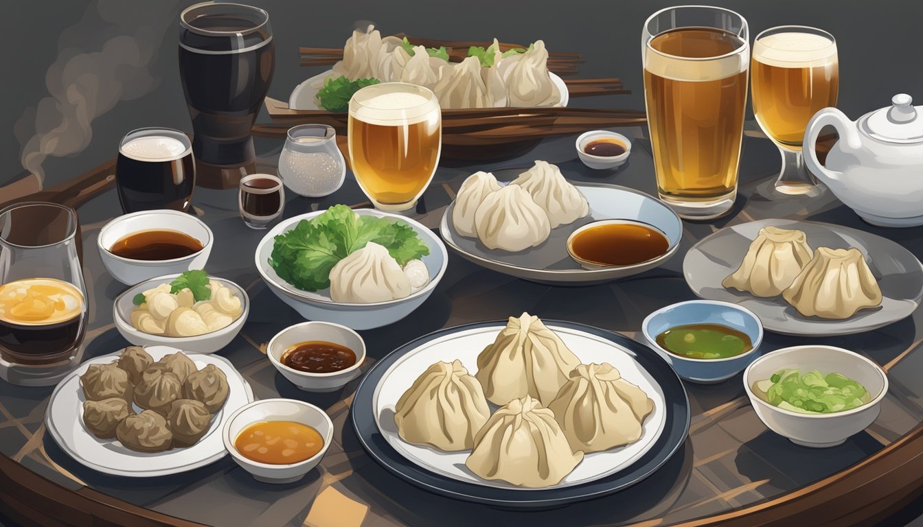 A table set with a steaming plate of pork dumplings and a selection of alternative beverages, including beer, sake, and tea