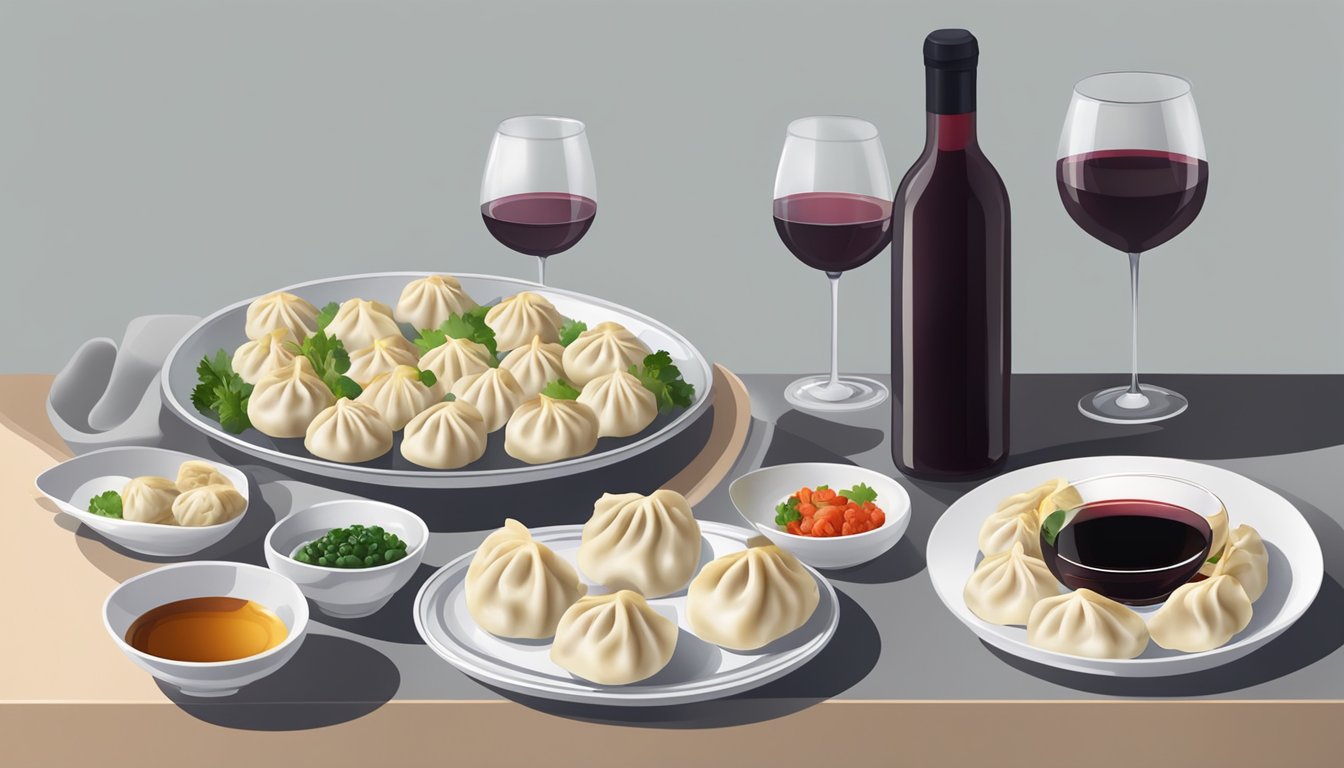 A table set with a steaming plate of pork dumplings and a bottle of red wine