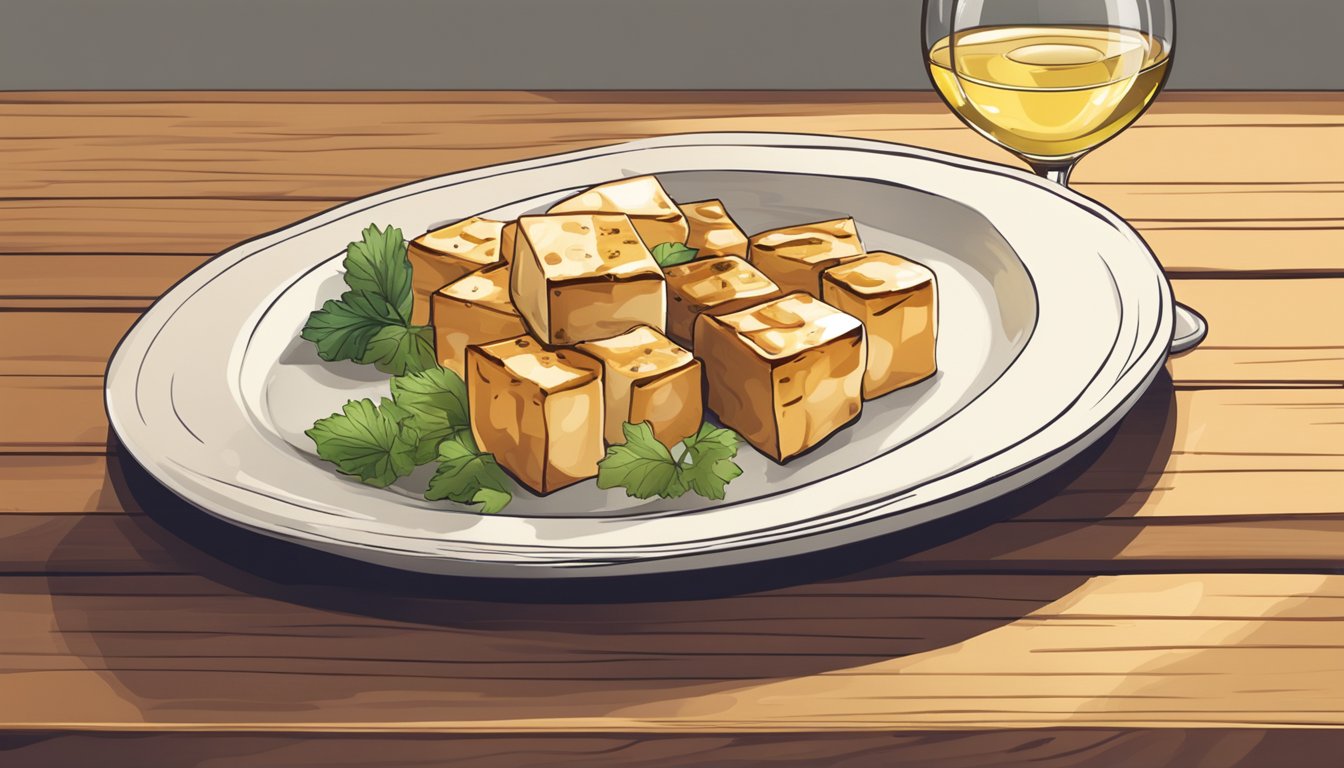 A plate of grilled tofu with a glass of white wine on a wooden table