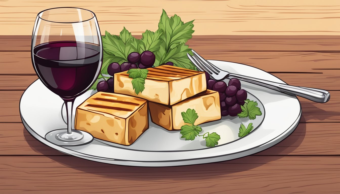 A plate of grilled tofu with a glass of red wine on a wooden table