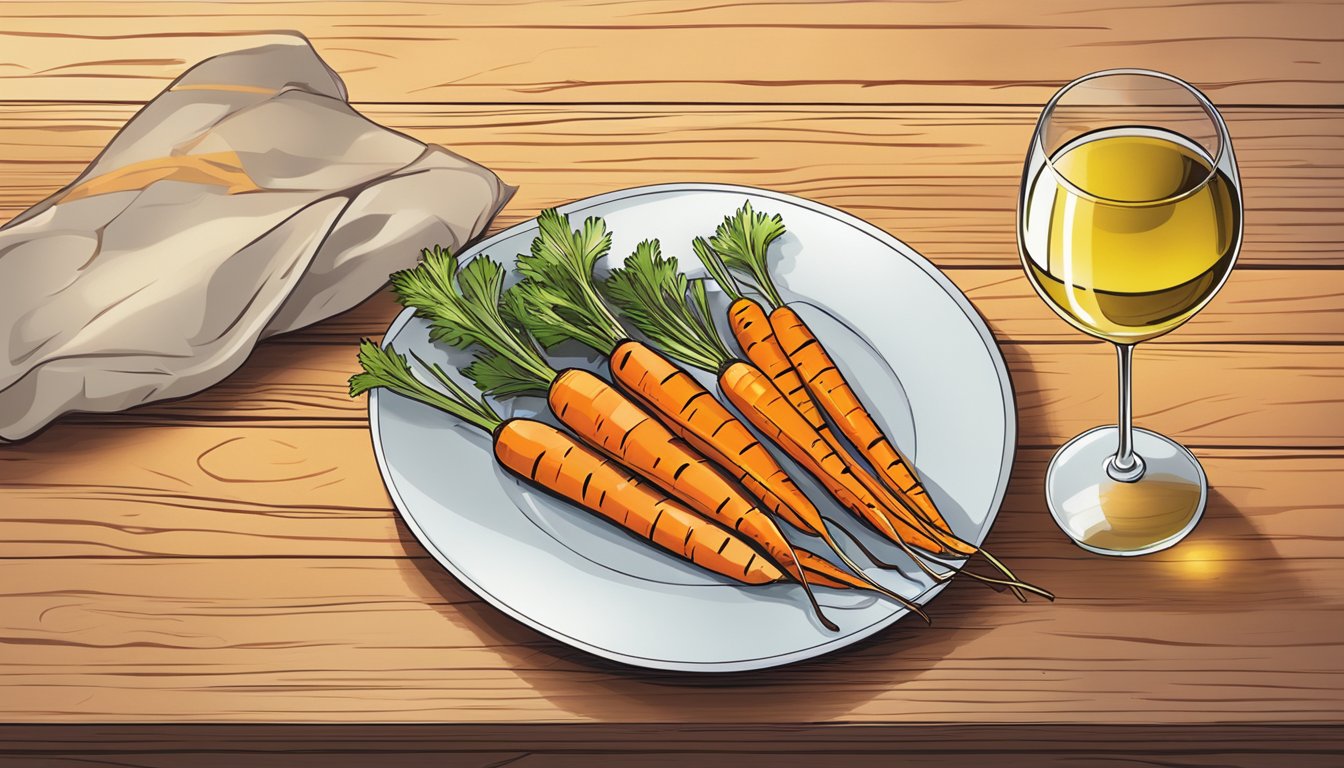 A plate of grilled carrots next to a glass of white wine on a wooden table