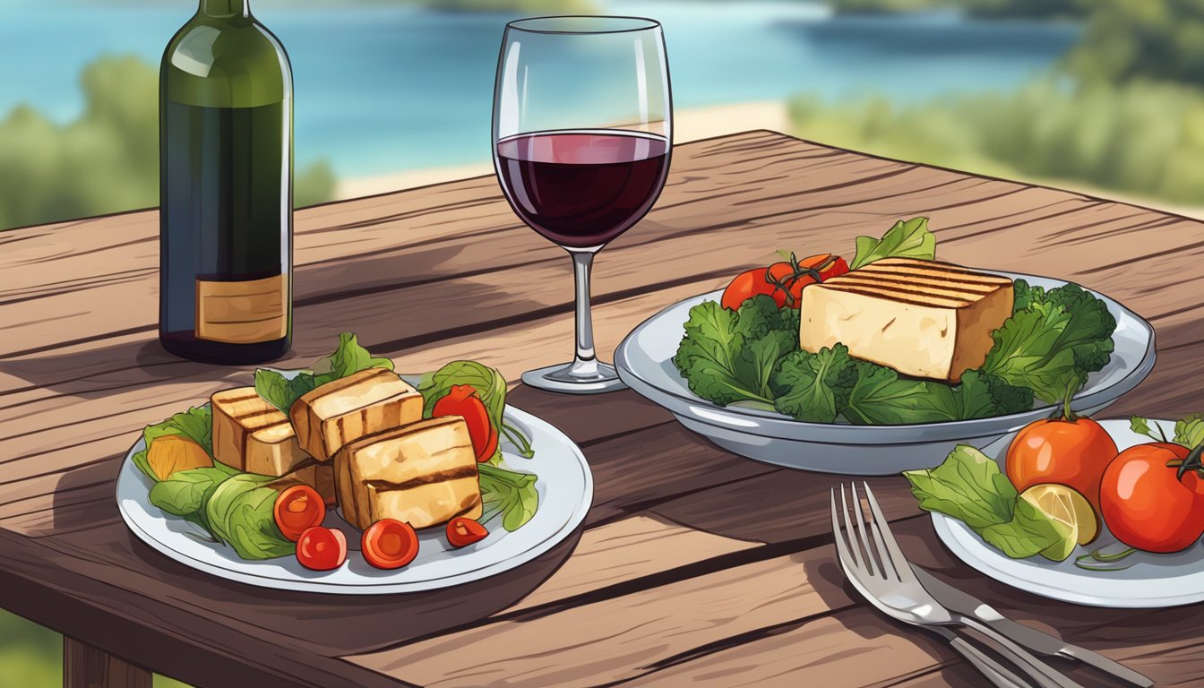 A glass of red wine next to a plate of grilled tofu with vegetables on a wooden outdoor table