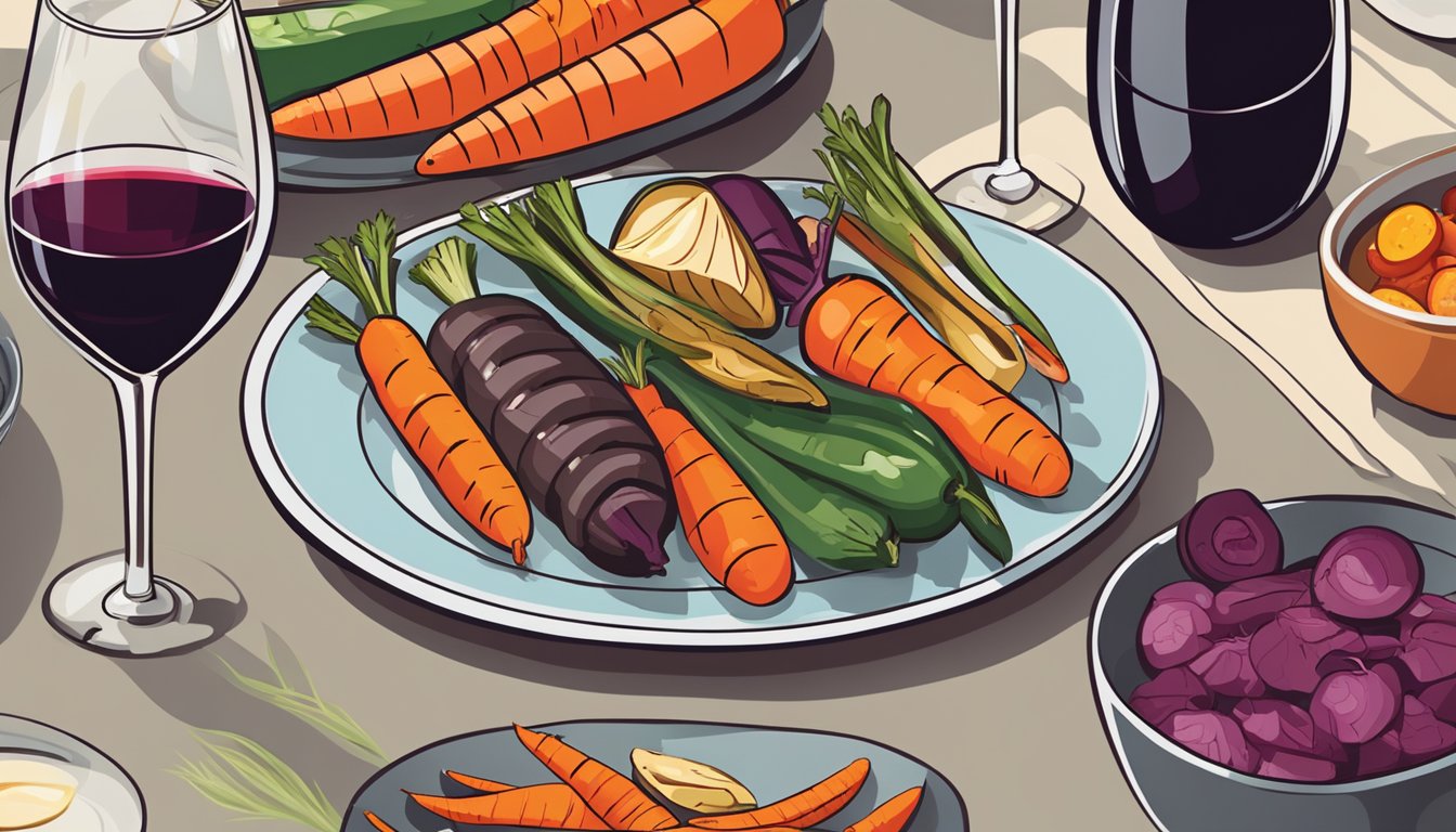 A colorful array of grilled vegetables on a barbecue, with a glass of red wine beside a plate of carrots