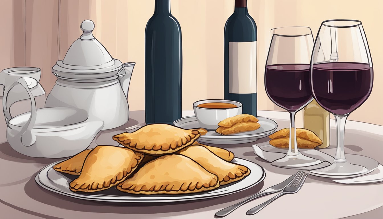 A table set with a plate of beef empanadas and a bottle of red wine